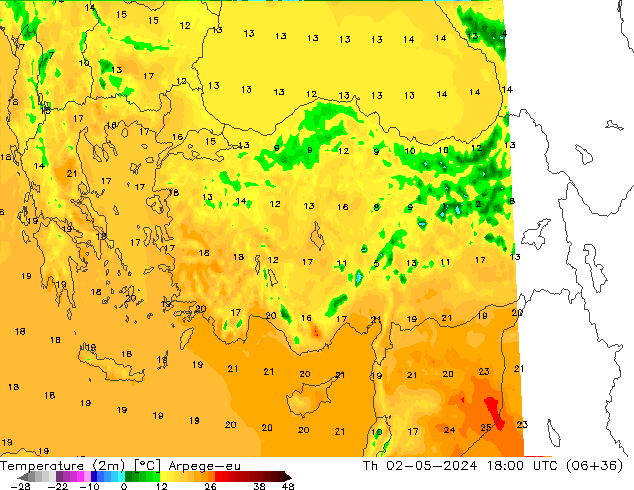 Temperatura (2m) Arpege-eu Qui 02.05.2024 18 UTC