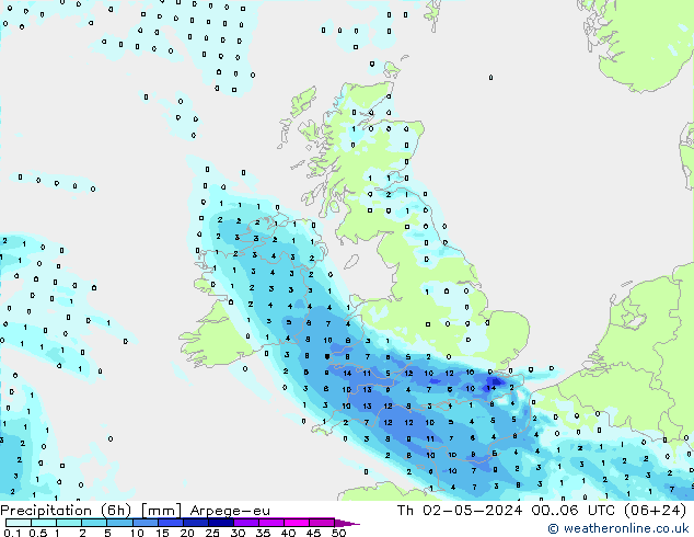 Precipitation (6h) Arpege-eu Th 02.05.2024 06 UTC
