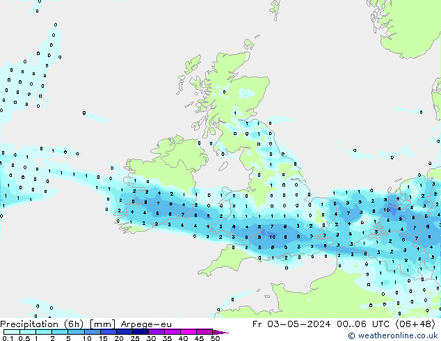 Totale neerslag (6h) Arpege-eu vr 03.05.2024 06 UTC