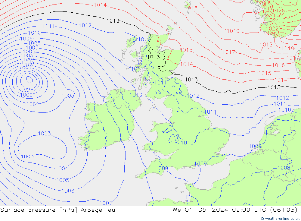 Surface pressure Arpege-eu We 01.05.2024 09 UTC