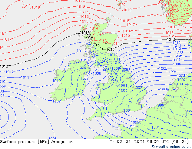 Atmosférický tlak Arpege-eu Čt 02.05.2024 06 UTC