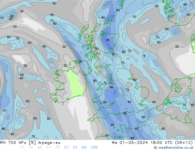 RH 700 hPa Arpege-eu We 01.05.2024 18 UTC