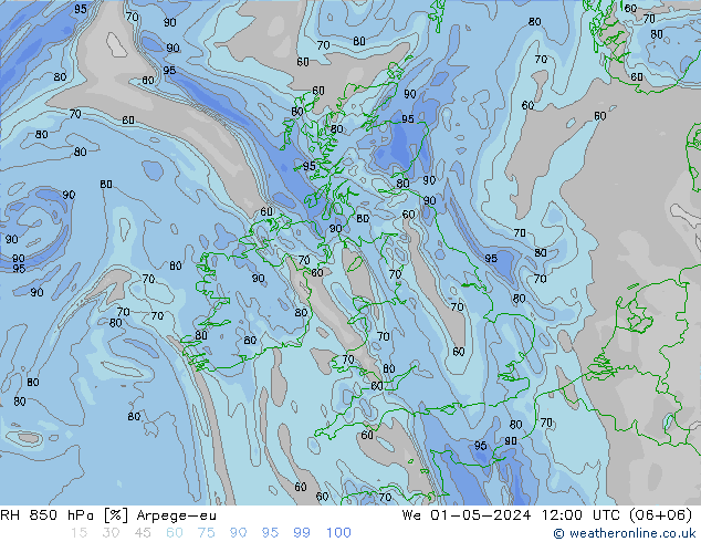 RH 850 hPa Arpege-eu We 01.05.2024 12 UTC