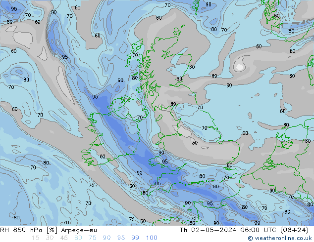 RH 850 hPa Arpege-eu Th 02.05.2024 06 UTC