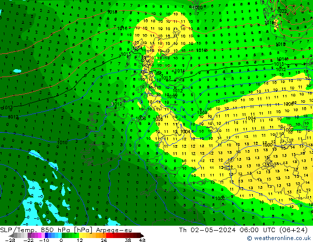 SLP/Temp. 850 hPa Arpege-eu gio 02.05.2024 06 UTC