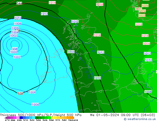 Schichtdicke 500-1000 hPa Arpege-eu Mi 01.05.2024 09 UTC