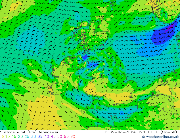 Viento 10 m Arpege-eu jue 02.05.2024 12 UTC