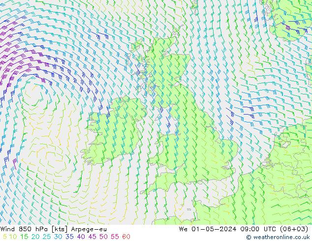 Wind 850 hPa Arpege-eu St 01.05.2024 09 UTC