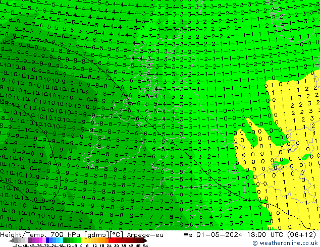 Height/Temp. 700 hPa Arpege-eu śro. 01.05.2024 18 UTC