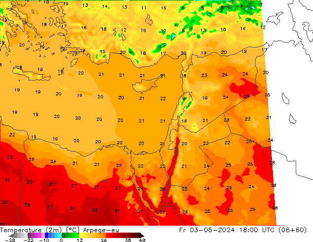 température (2m) Arpege-eu ven 03.05.2024 18 UTC