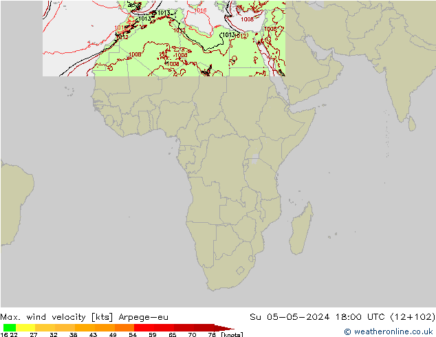 Max. wind velocity Arpege-eu dom 05.05.2024 18 UTC