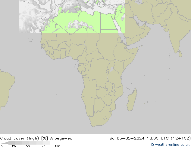 Cloud cover (high) Arpege-eu Su 05.05.2024 18 UTC