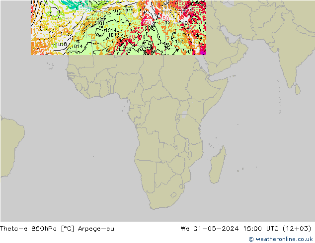 Theta-e 850hPa Arpege-eu We 01.05.2024 15 UTC