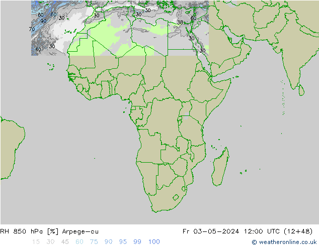 Humidité rel. 850 hPa Arpege-eu ven 03.05.2024 12 UTC