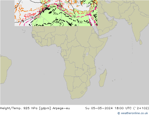 Yükseklik/Sıc. 925 hPa Arpege-eu Paz 05.05.2024 18 UTC