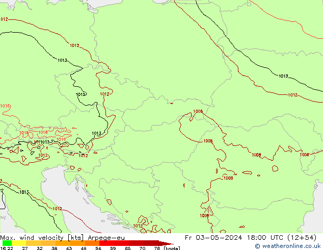 Max. wind snelheid Arpege-eu vr 03.05.2024 18 UTC