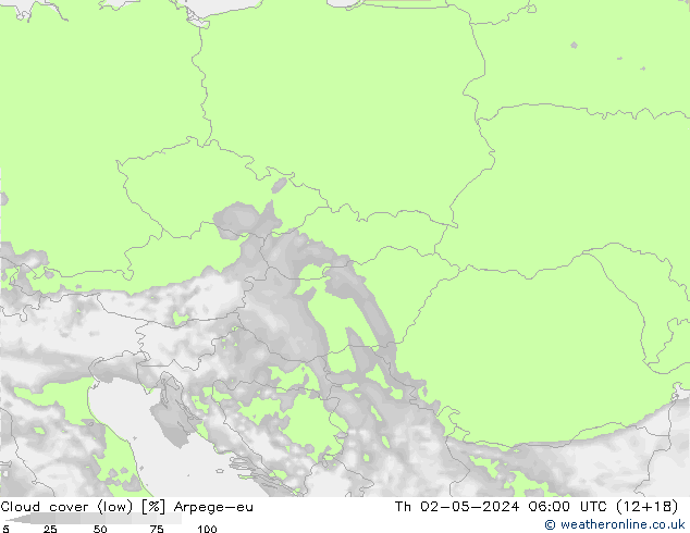 Cloud cover (low) Arpege-eu Th 02.05.2024 06 UTC