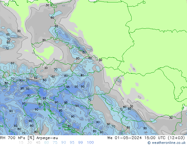 Humidité rel. 700 hPa Arpege-eu mer 01.05.2024 15 UTC