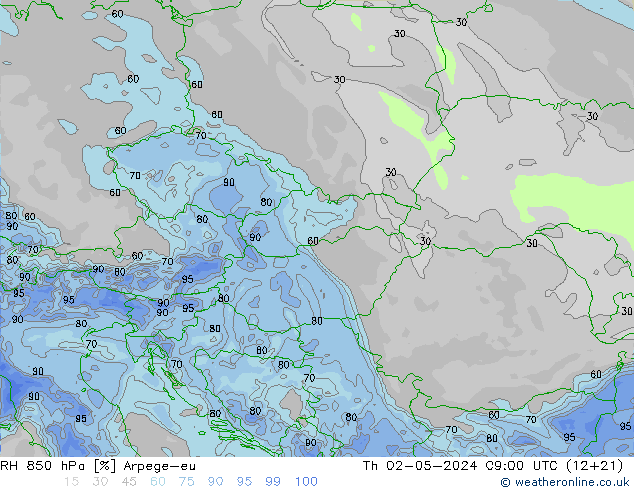 RH 850 hPa Arpege-eu gio 02.05.2024 09 UTC