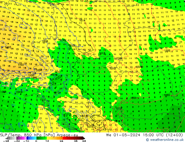 SLP/Temp. 850 hPa Arpege-eu mer 01.05.2024 15 UTC