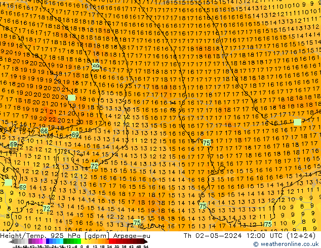 Height/Temp. 925 hPa Arpege-eu Th 02.05.2024 12 UTC