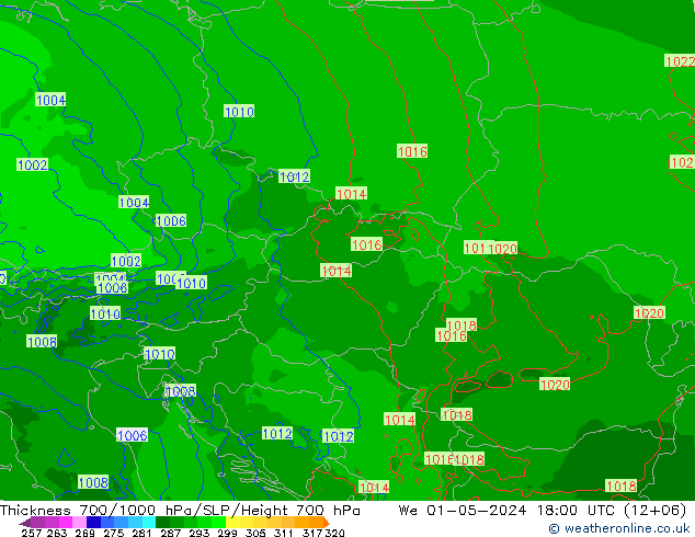 Thck 700-1000 hPa Arpege-eu We 01.05.2024 18 UTC