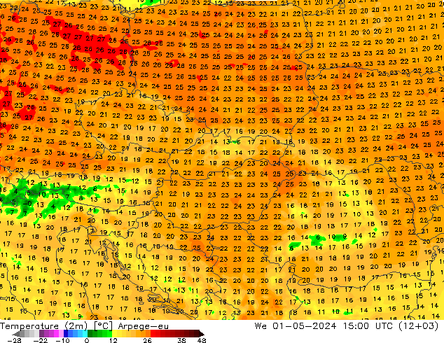température (2m) Arpege-eu mer 01.05.2024 15 UTC