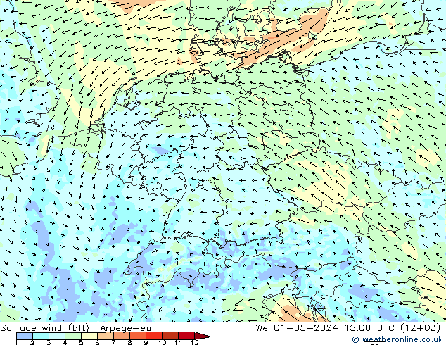 Rüzgar 10 m (bft) Arpege-eu Çar 01.05.2024 15 UTC