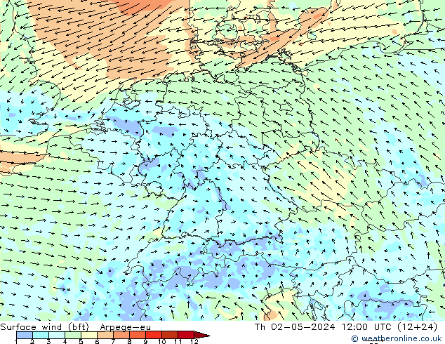 Surface wind (bft) Arpege-eu Th 02.05.2024 12 UTC