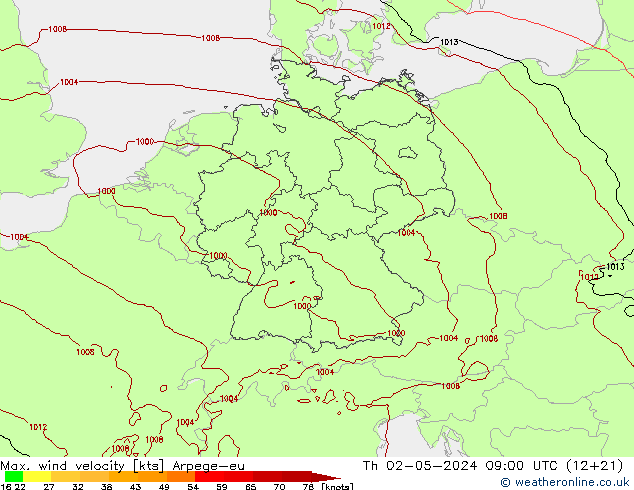 Max. wind velocity Arpege-eu jue 02.05.2024 09 UTC