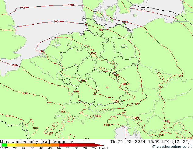 Max. wind velocity Arpege-eu Th 02.05.2024 15 UTC