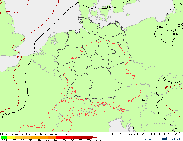 Max. wind velocity Arpege-eu Sáb 04.05.2024 09 UTC