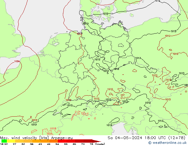 Max. wind snelheid Arpege-eu za 04.05.2024 18 UTC