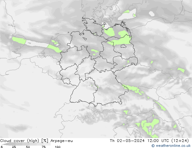 Cloud cover (high) Arpege-eu Th 02.05.2024 12 UTC