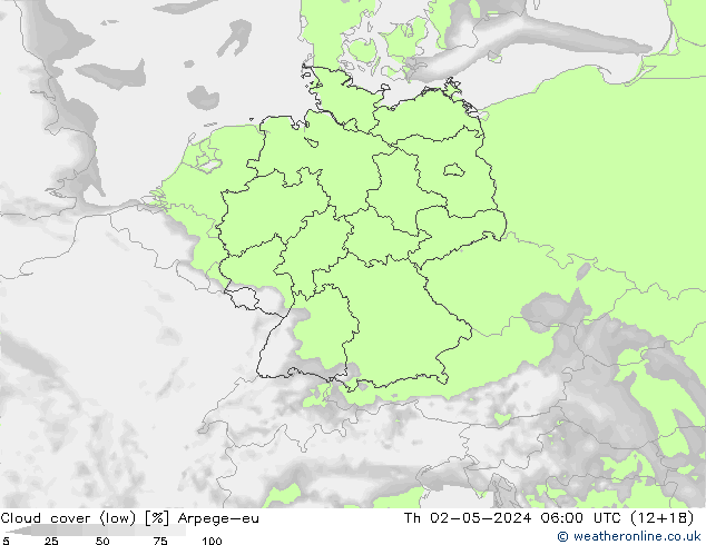 Cloud cover (low) Arpege-eu Th 02.05.2024 06 UTC