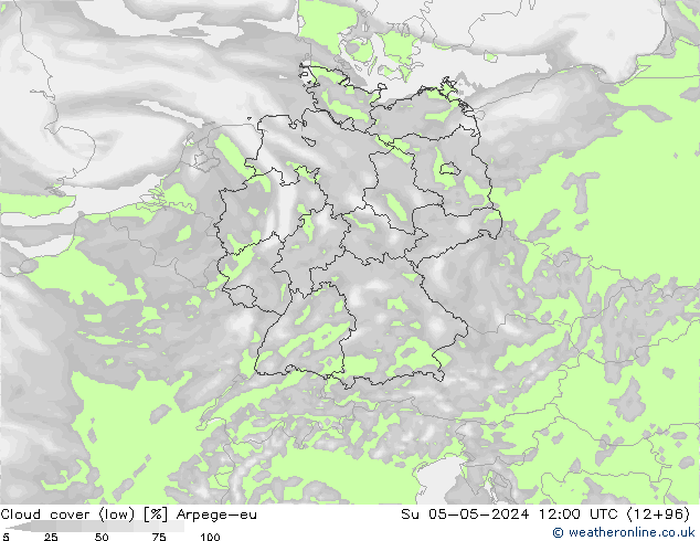 Cloud cover (low) Arpege-eu Su 05.05.2024 12 UTC