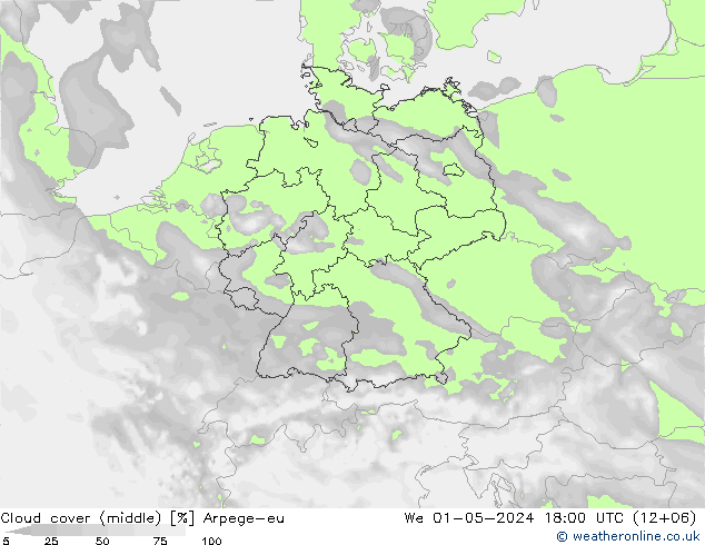 Cloud cover (middle) Arpege-eu We 01.05.2024 18 UTC