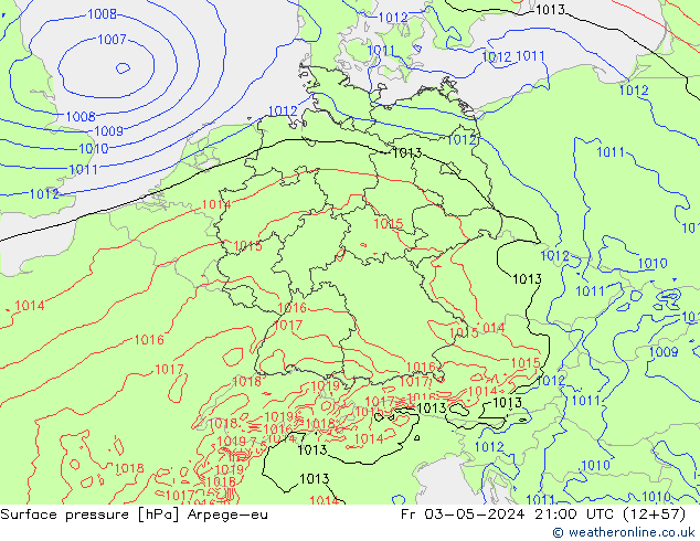 Pressione al suolo Arpege-eu ven 03.05.2024 21 UTC