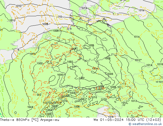 Theta-e 850hPa Arpege-eu Mi 01.05.2024 15 UTC