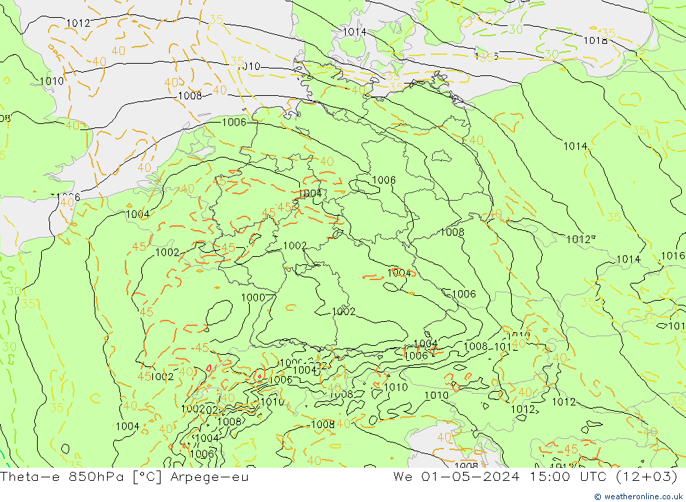 Theta-e 850hPa Arpege-eu  01.05.2024 15 UTC