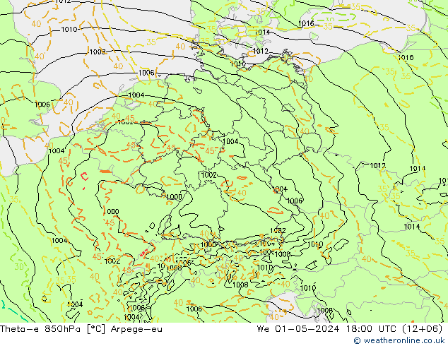 Theta-e 850hPa Arpege-eu wo 01.05.2024 18 UTC
