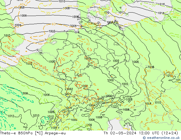 Theta-e 850hPa Arpege-eu do 02.05.2024 12 UTC