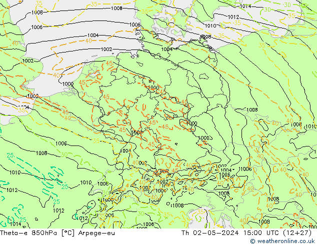 Theta-e 850гПа Arpege-eu чт 02.05.2024 15 UTC