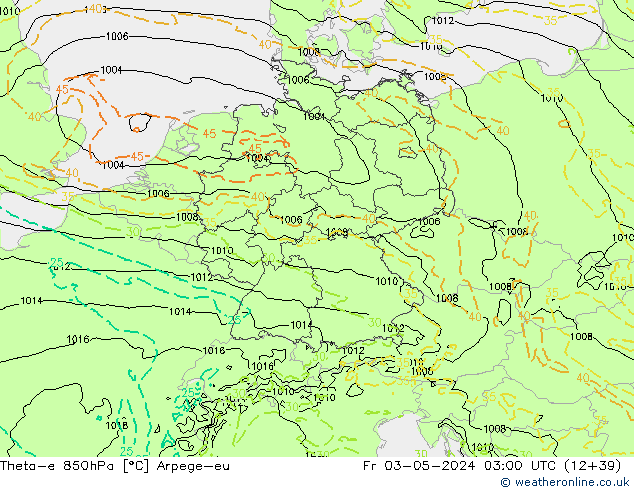 Theta-e 850hPa Arpege-eu ven 03.05.2024 03 UTC