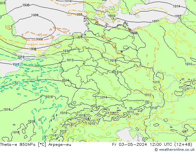 Theta-e 850hPa Arpege-eu vie 03.05.2024 12 UTC