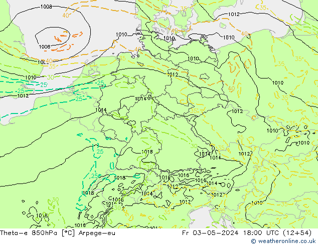 Theta-e 850hPa Arpege-eu Pá 03.05.2024 18 UTC