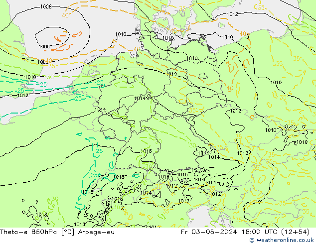 Theta-e 850hPa Arpege-eu ven 03.05.2024 18 UTC