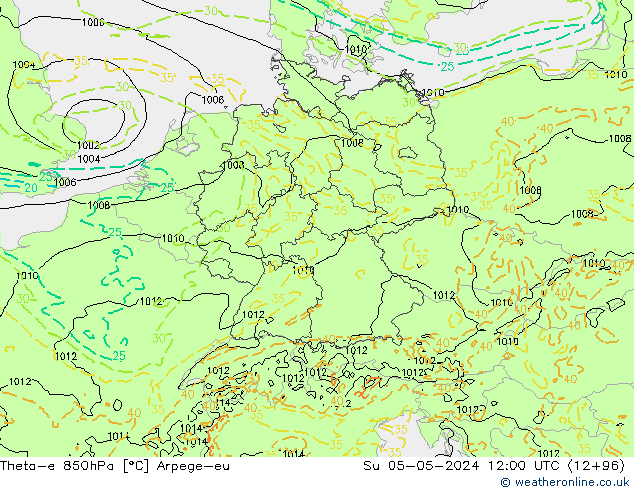 Theta-e 850hPa Arpege-eu zo 05.05.2024 12 UTC