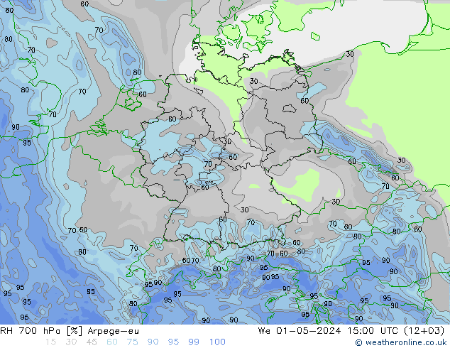 Humidité rel. 700 hPa Arpege-eu mer 01.05.2024 15 UTC