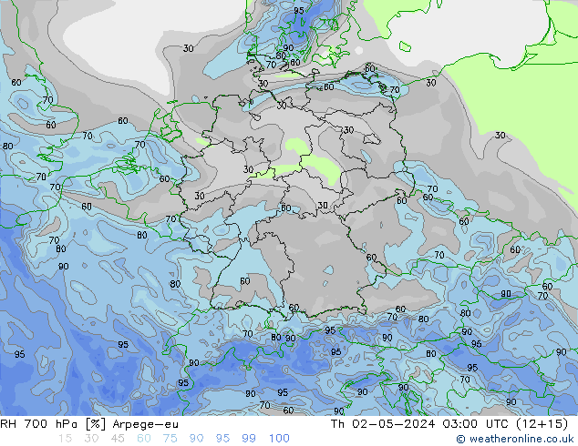 RH 700 hPa Arpege-eu czw. 02.05.2024 03 UTC